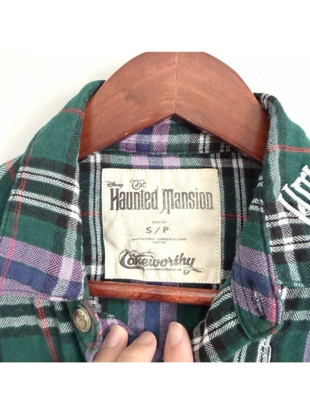 Disney Cakeworthy Haunted Mansion Green Plaid Shirt Button Down Size Small - Picture 3 of 6
